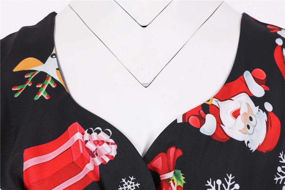 Snowflake Printed Red V-Neck Wrap High Waist Vintage Robe Christmas Dress