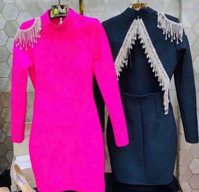 High-Quality Red Black Sparkly Backless Diamonds Tassel Rayon Bandage Dress