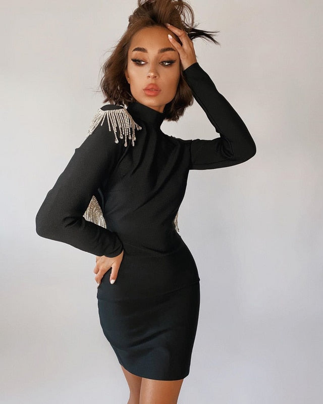 High-Quality Red Black Sparkly Backless Diamonds Tassel Rayon Bandage Dress