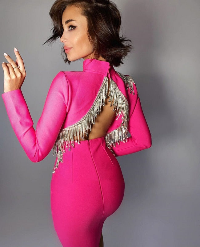 High-Quality Red Black Sparkly Backless Diamonds Tassel Rayon Bandage Dress