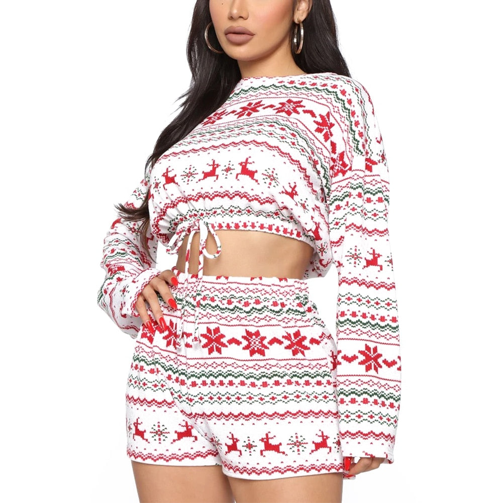 Christmas Pajama Sets Long Sleeve Crop Top Shorts 2Pcs Snowflake Print Knitted