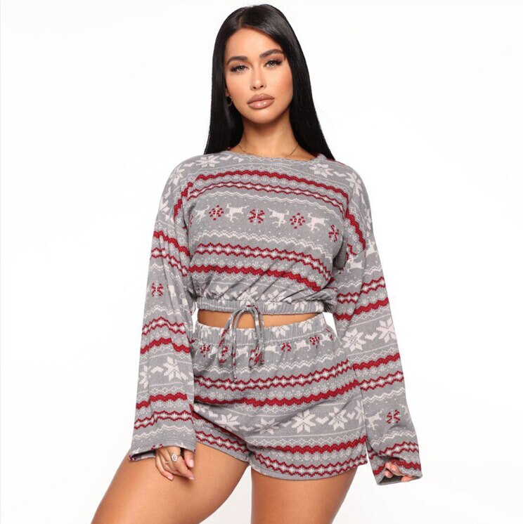 Christmas Pajama Sets Long Sleeve Crop Top Shorts 2Pcs Snowflake Print Knitted