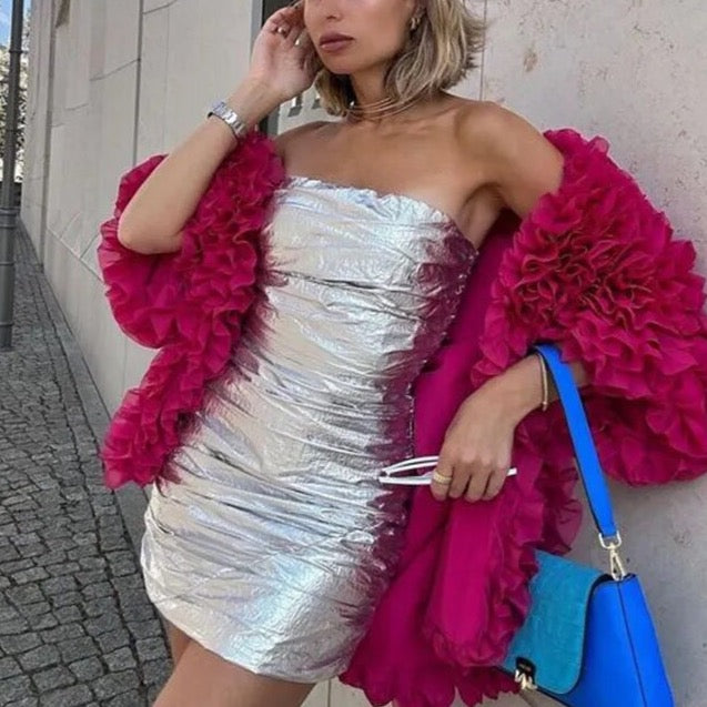 Ilsei Silver Crinkle Metallic Mini Tube Dress