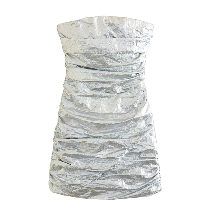 Ilsei Silver Crinkle Metallic Mini Tube Dress