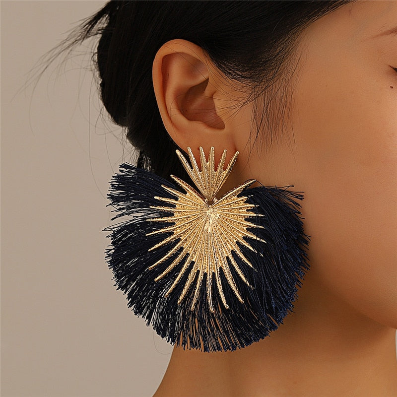 Inka Bohemian Big Exaggerated Fan Tassel Earrings