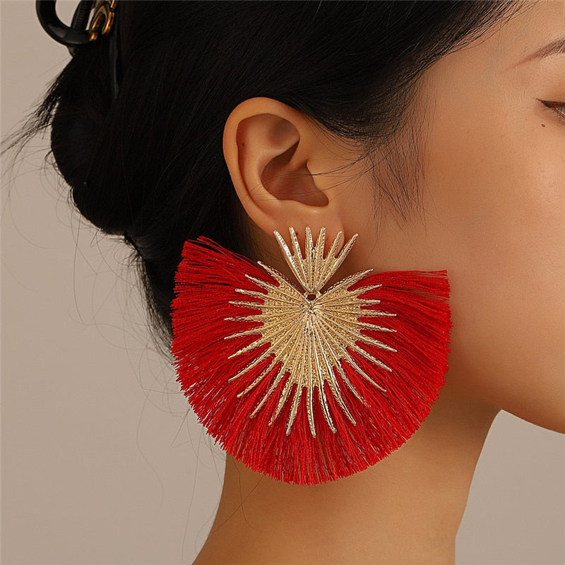 Inka Bohemian Big Exaggerated Fan Tassel Earrings