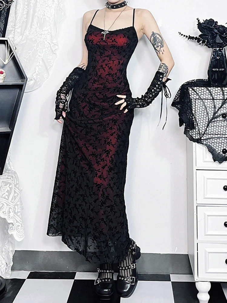 Floral Flocking Sleeveless Lolita Fairy Vintage Witchy Camisole Grunge Harajuku Dress