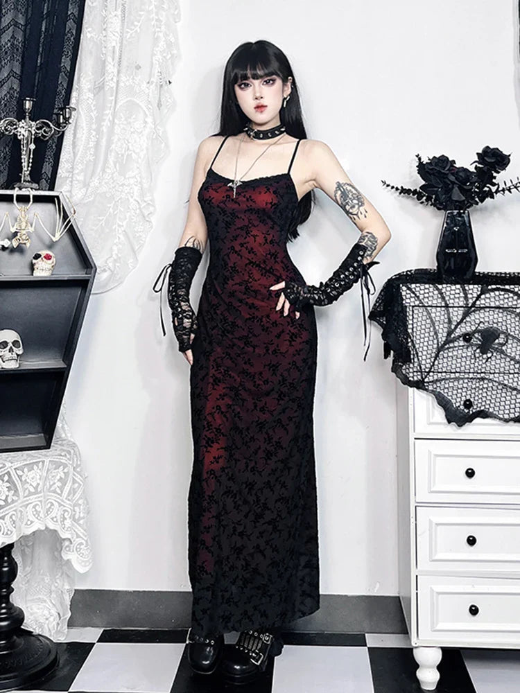 Floral Flocking Sleeveless Lolita Fairy Vintage Witchy Camisole Grunge Harajuku Dress