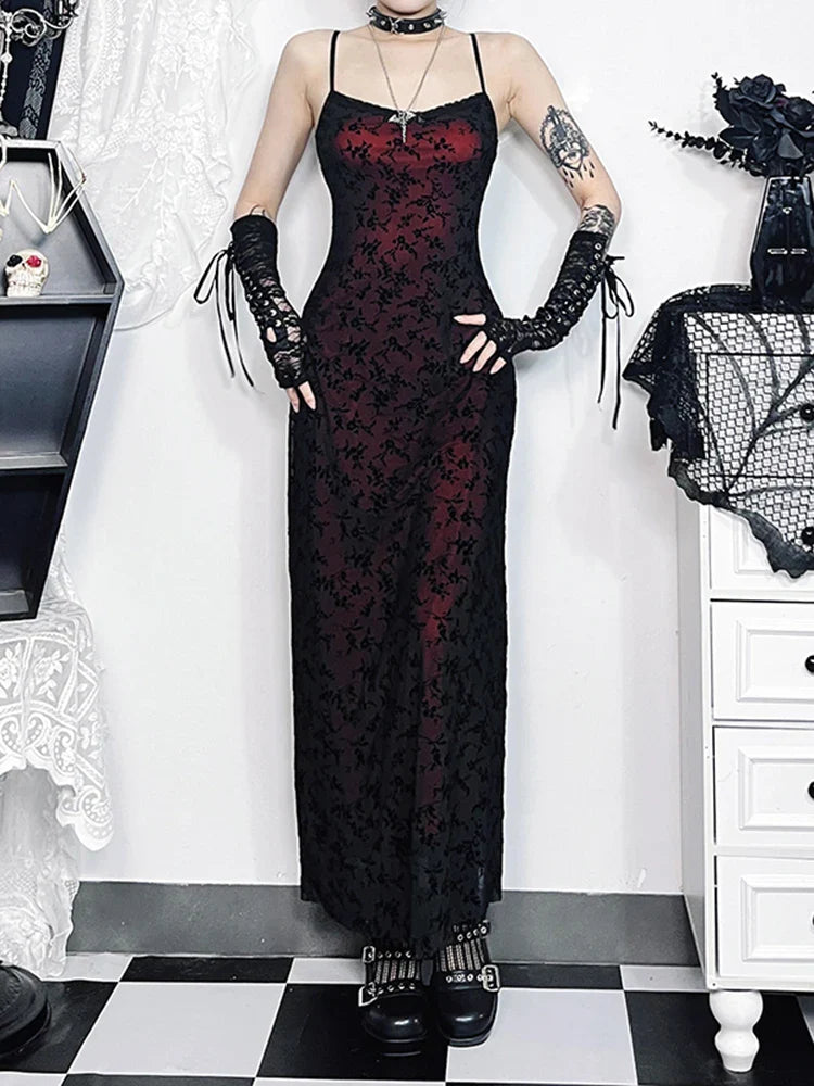 Floral Flocking Sleeveless Lolita Fairy Vintage Witchy Camisole Grunge Harajuku Dress