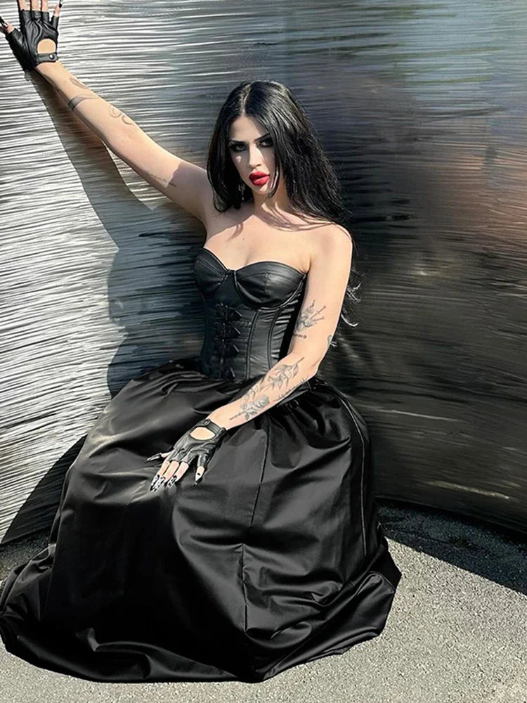 Tube Top Leather Buckle Vintage Backless Strapless Harajuku E-Girls 90s Streetwear Club Dress