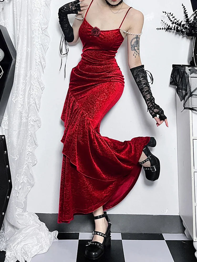 Velvet Fishtail Spaghetti Strap Backless Folds Sleeveless Ruched Rose Flower Party Dress