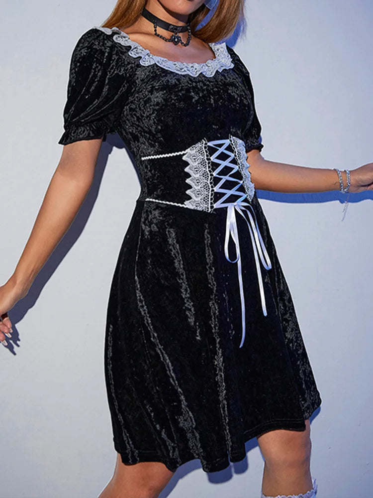 Black Harajuku Party Corset A-Line Velvet Summer Fashion Emo Chic Elegant High Waist Dress