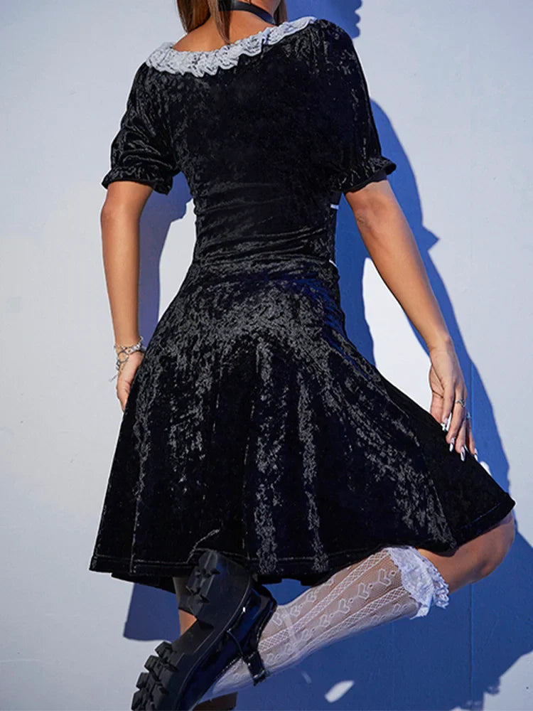 Black Harajuku Party Corset A-Line Velvet Summer Fashion Emo Chic Elegant High Waist Dress