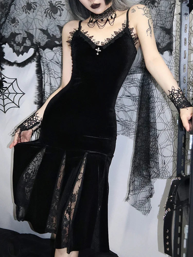 Spaghetti Strap Backless Velvet Gothic Cross Black Lace Patchwork Maxi Dress
