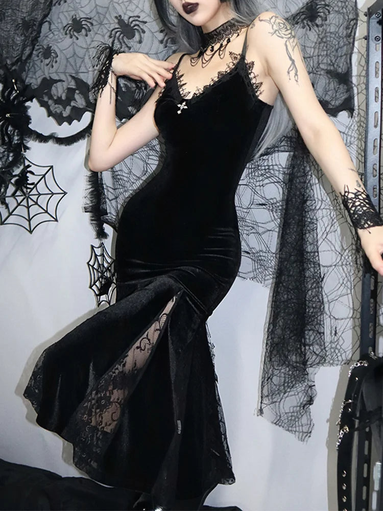 Spaghetti Strap Backless Velvet Gothic Cross Black Lace Patchwork Maxi Dress