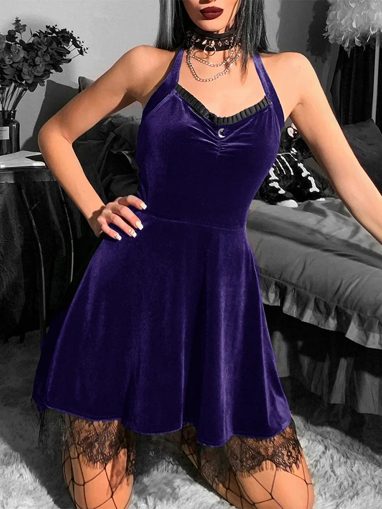 Velvet Gothic Green Halter Y2K Backless Lace Patchwork High Waist Mini Dress