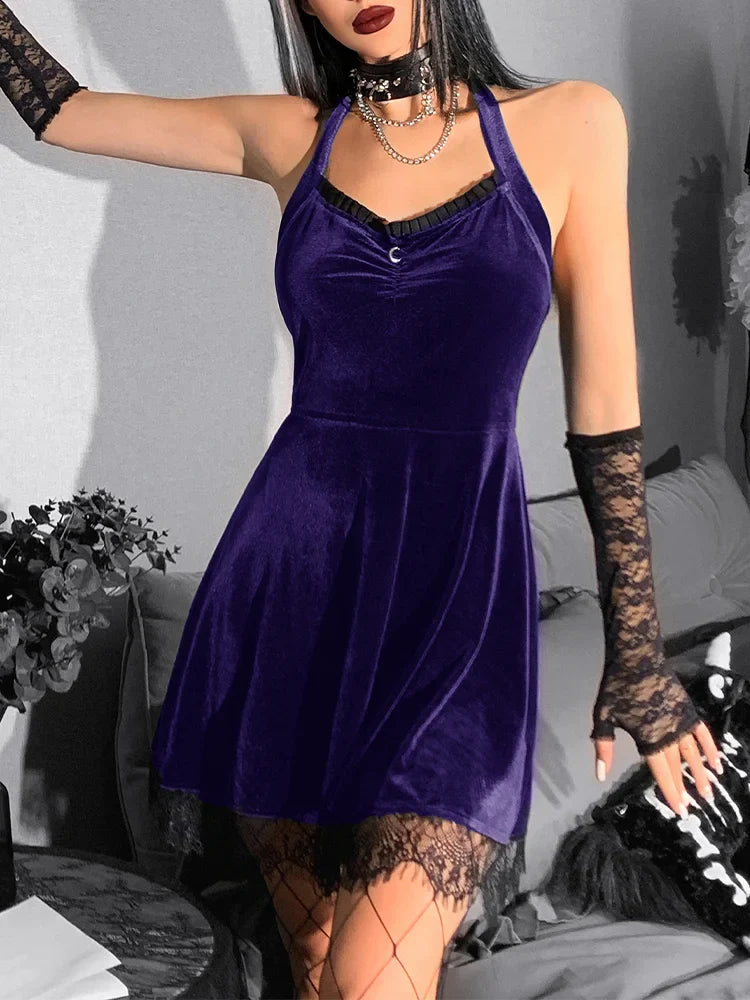 Velvet Gothic Green Halter Y2K Backless Lace Patchwork High Waist Mini Dress