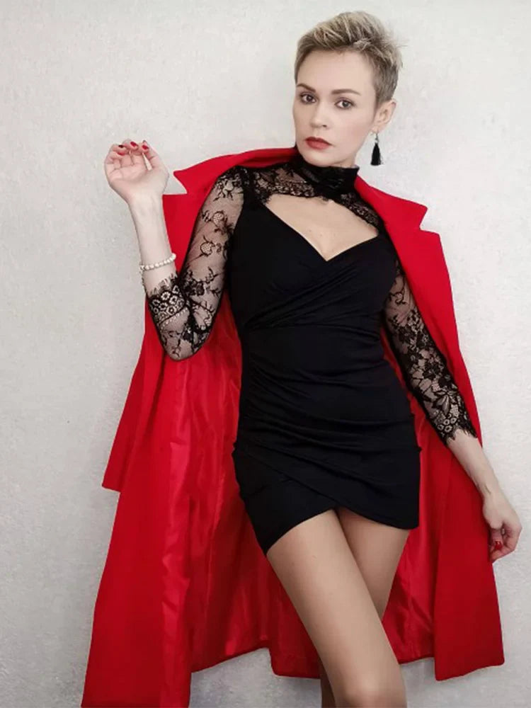 Vintage Lace Long Sleeve Bodycon Hollow Out Turtle Neck Gothic Mini Dress