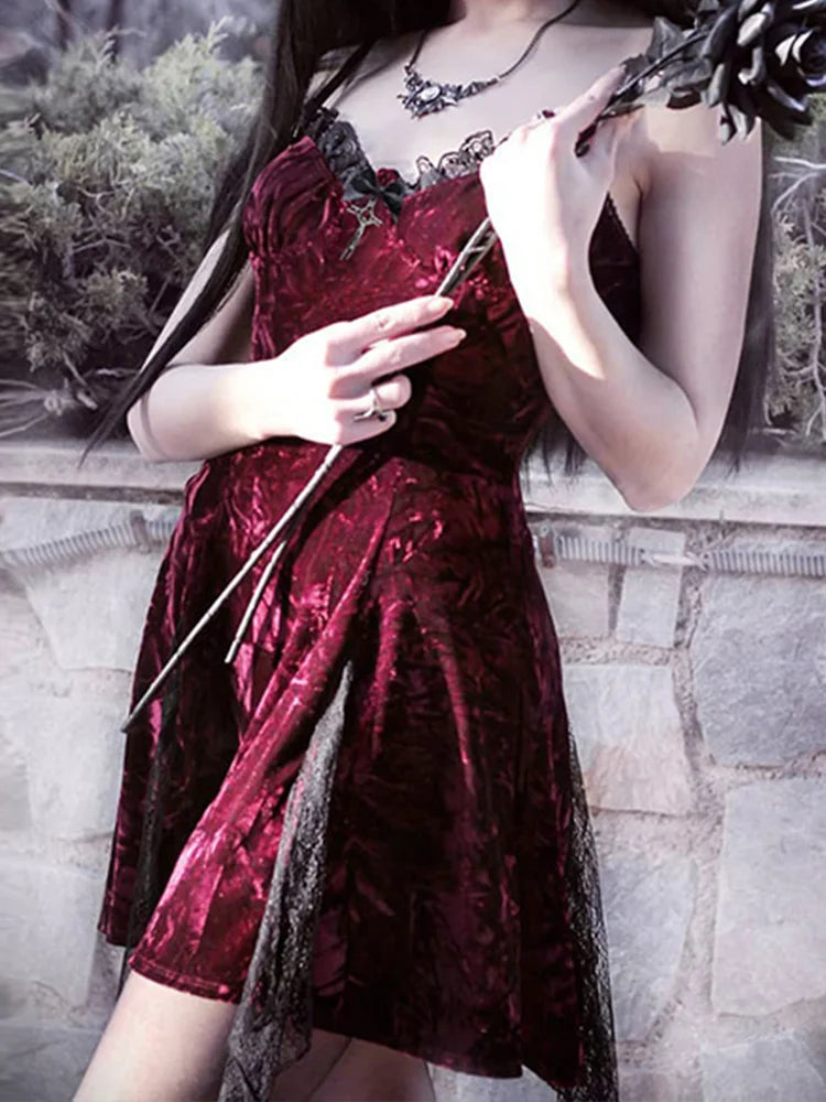 Y2K Gothic Vintage Mesh Velvet Mini Grunge Aesthetic Dark High Waist Slit Partywear Emo Lolita Clubwear Dress