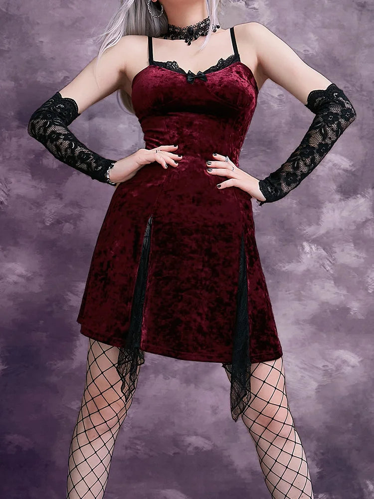 Y2K Gothic Vintage Mesh Velvet Mini Grunge Aesthetic Dark High Waist Slit Partywear Emo Lolita Clubwear Dress