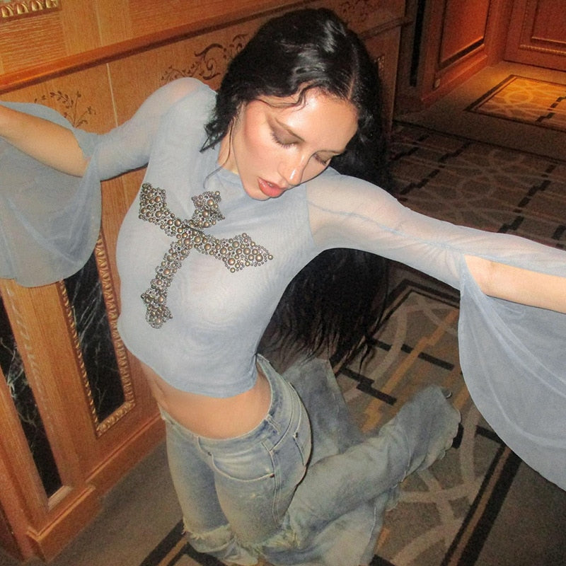 Isolde Gothic Cross Sequin Tissue Crop Top