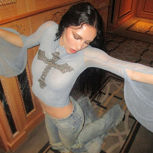 Isolde Gothic Cross Sequin Tissue Crop Top