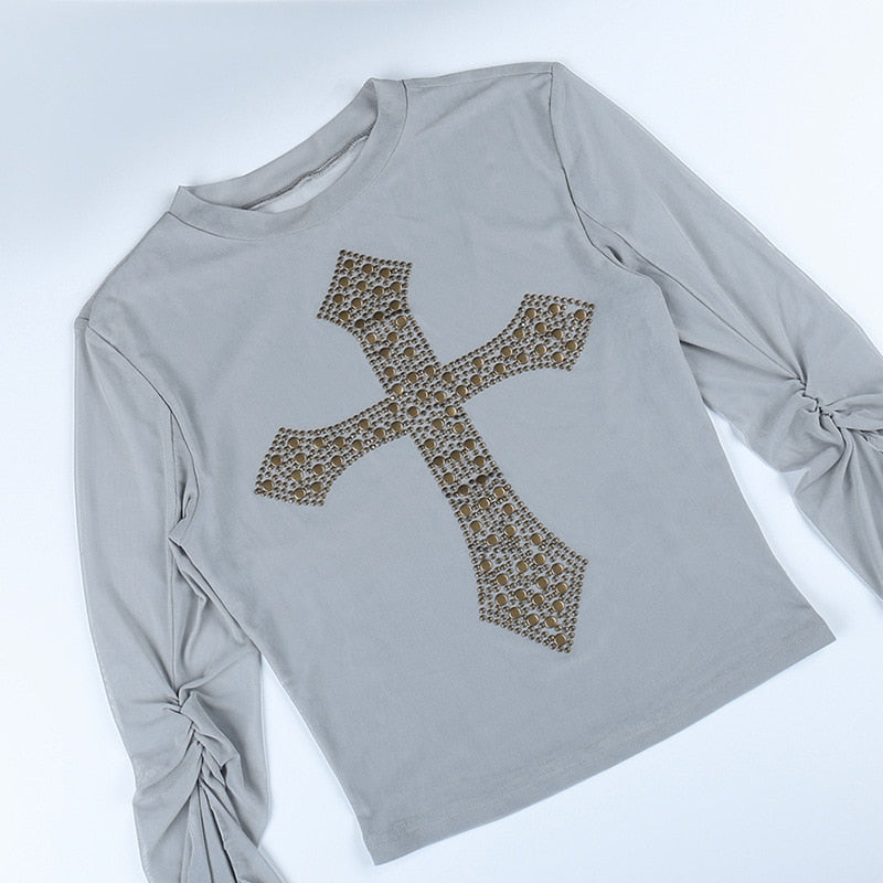 Isolde Gothic Cross Sequin Tissue Crop Top