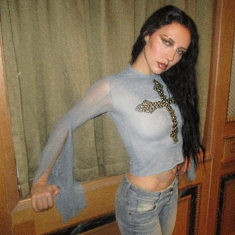 Isolde Gothic Cross Sequin Tissue Crop Top