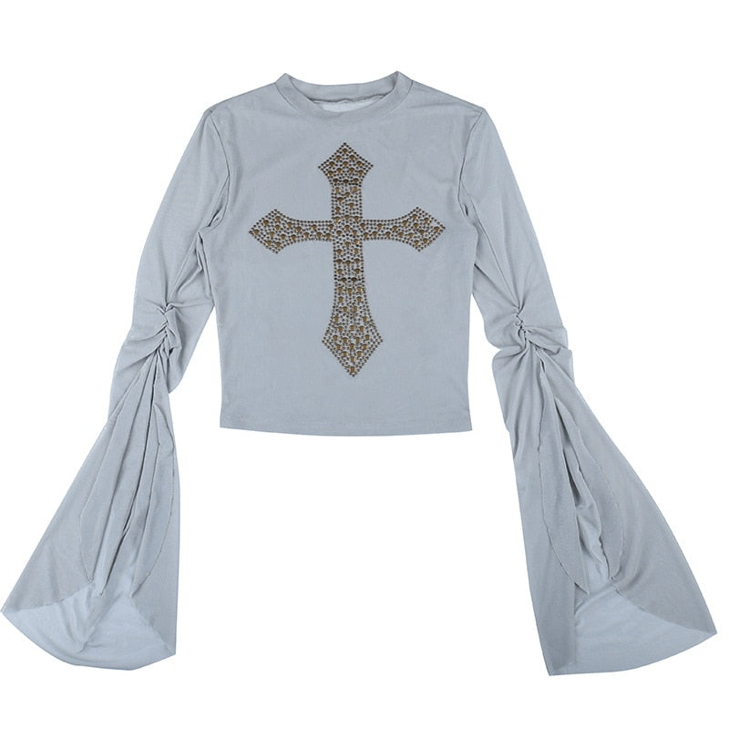 Isolde Gothic Cross Sequin Tissue Crop Top