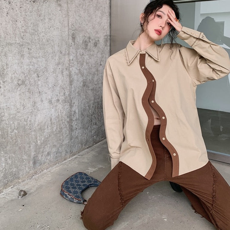 Izabel Wavy Button Down Shirts Blouse