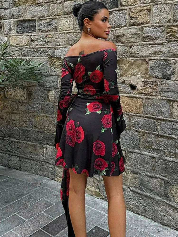 Fashion Long Sleeve Slim Party Clubwear Floral Dress