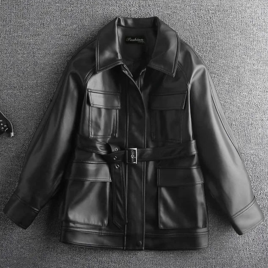 Jain Belted Faux Leather Midi Biker Jacket