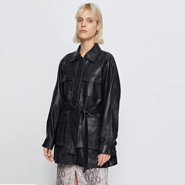 Jain Belted Faux Leather Midi Biker Jacket