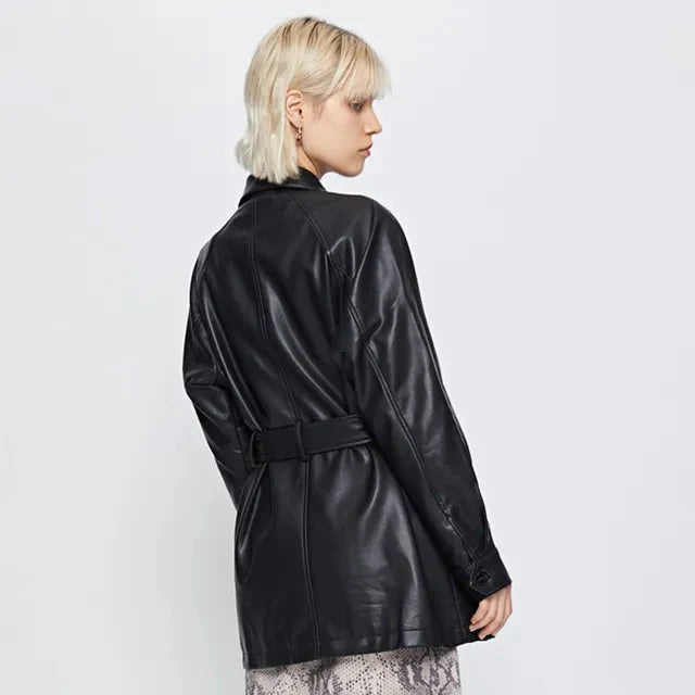 Jain Belted Faux Leather Midi Biker Jacket