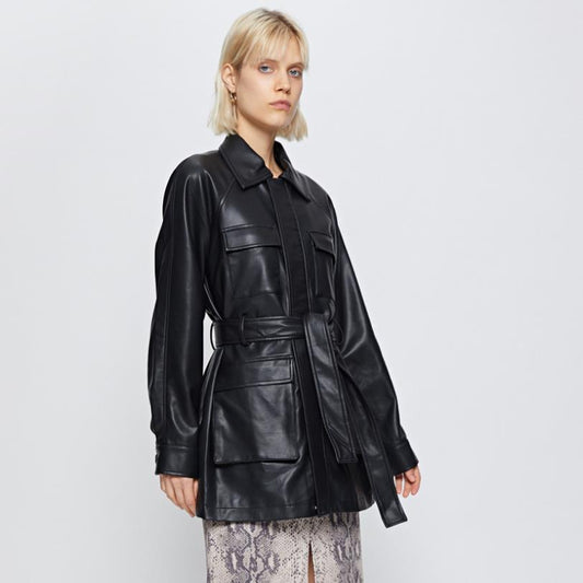 Jain Belted Faux Leather Midi Biker Jacket