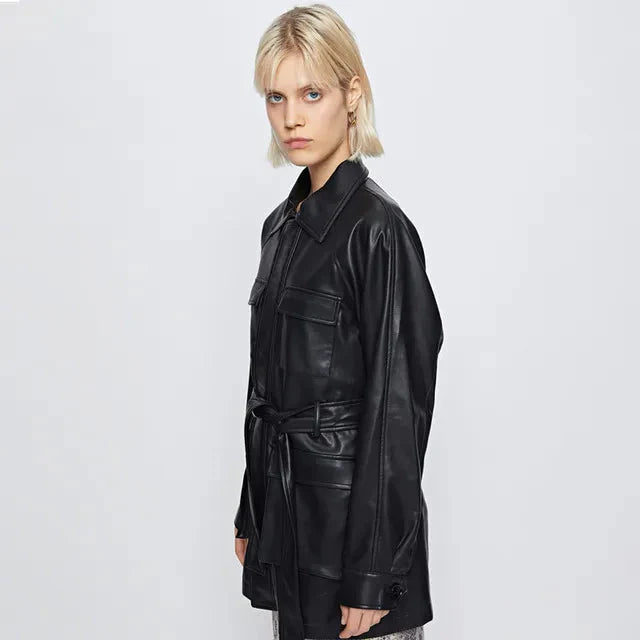 Jain Belted Faux Leather Midi Biker Jacket
