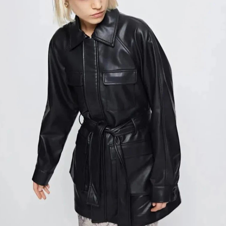 Jain Belted Faux Leather Midi Biker Jacket