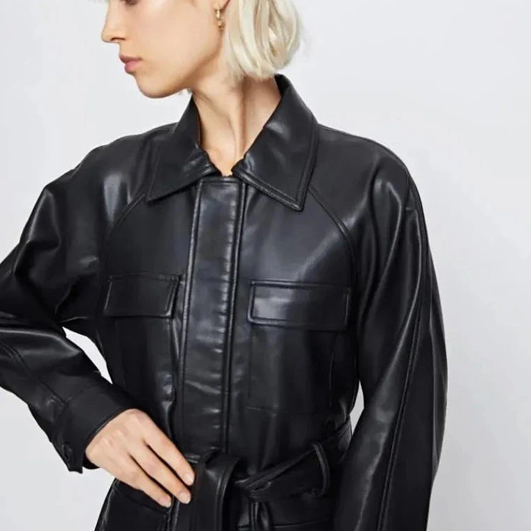 Jain Belted Faux Leather Midi Biker Jacket