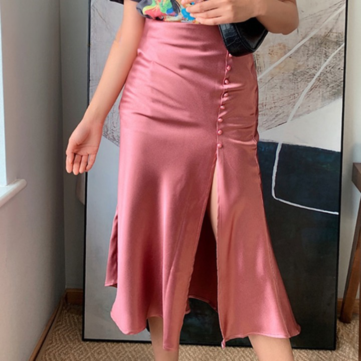 Jana Pink Satin Side Slit Midi Skirt