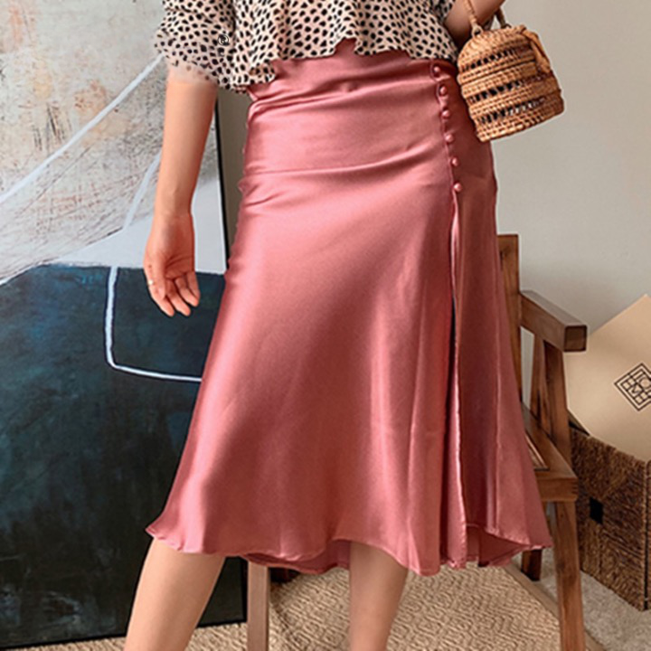 Jana Pink Satin Side Slit Midi Skirt