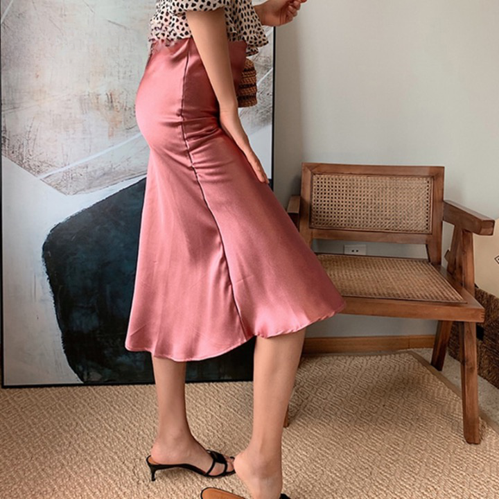 Jana Pink Satin Side Slit Midi Skirt