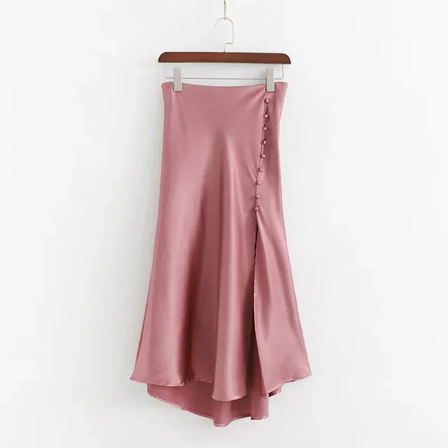 Jana Pink Satin Side Slit Midi Skirt