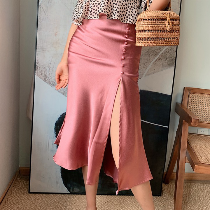 Jana Pink Satin Side Slit Midi Skirt