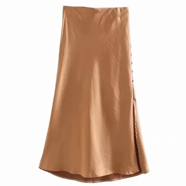 Jayne Satin Side Slit Midi Skirts