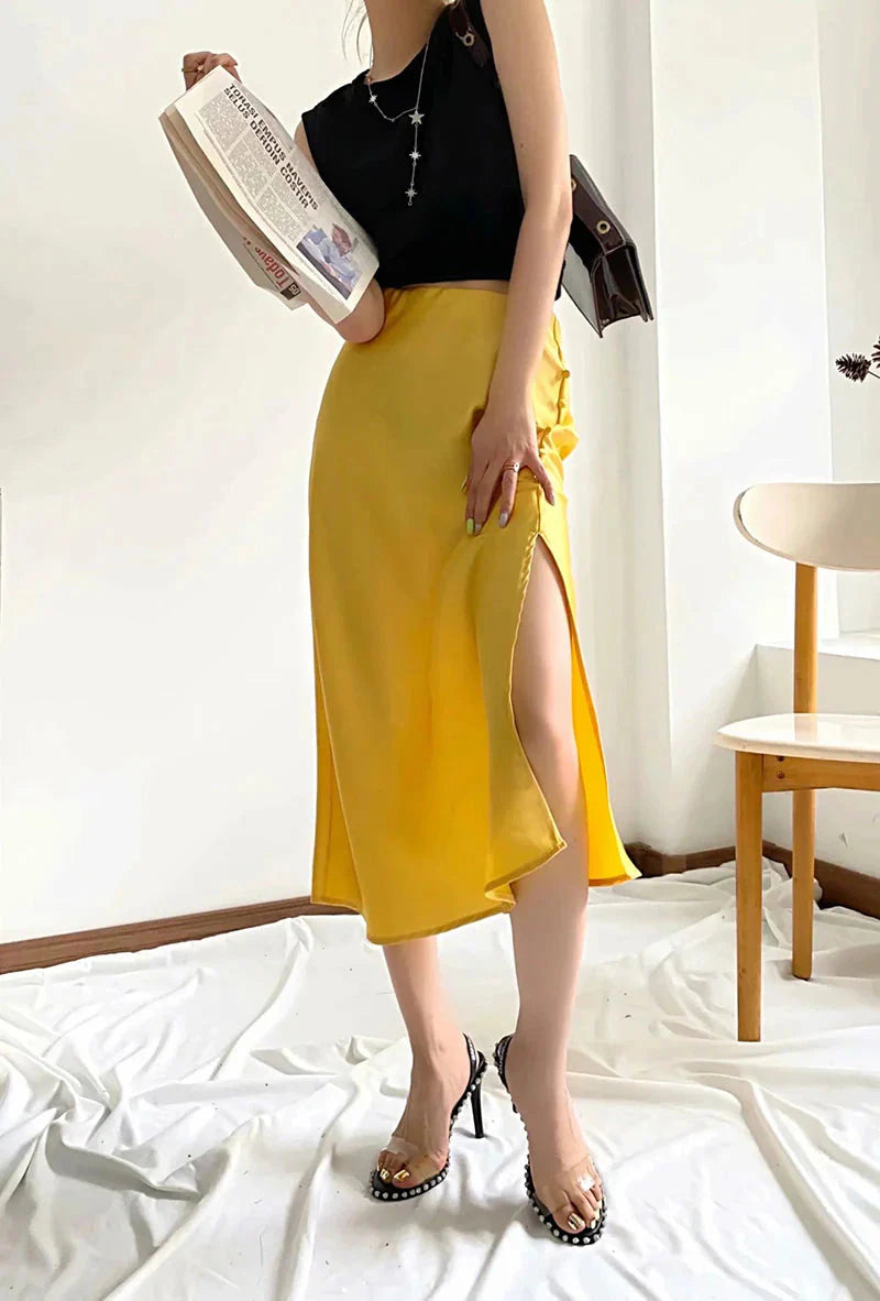 Jayne Satin Side Slit Midi Skirts