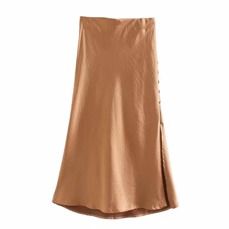 Jayne Satin Side Slit Midi Skirts