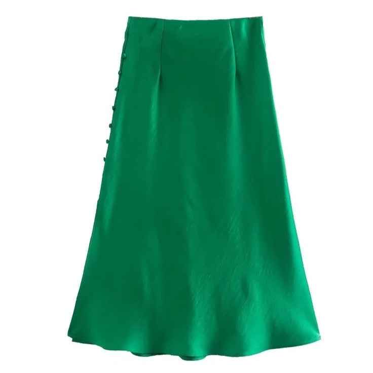 Jayne Satin Side Slit Midi Skirts