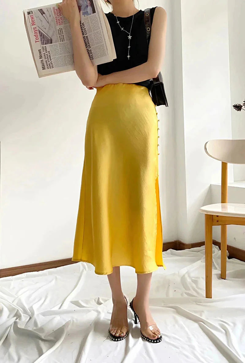 Jayne Satin Side Slit Midi Skirts