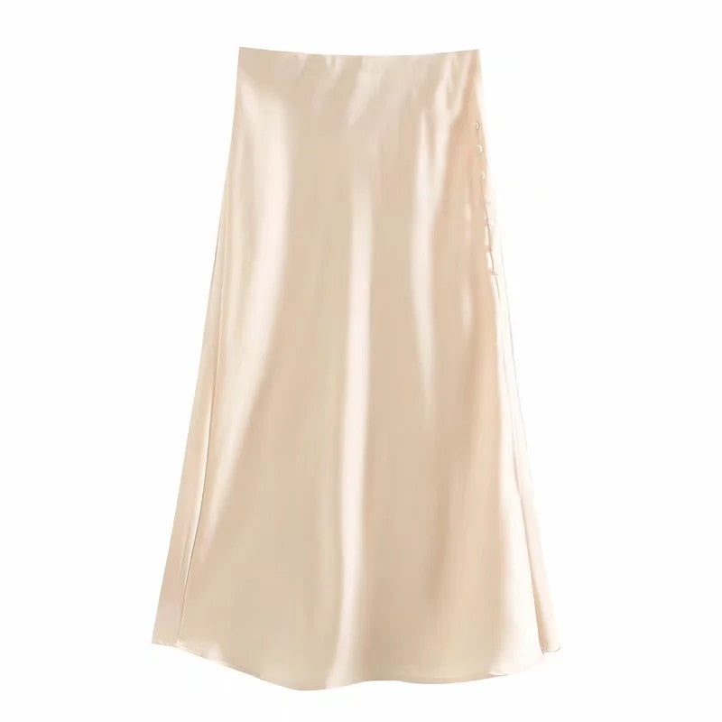 Jayne Satin Side Slit Midi Skirts