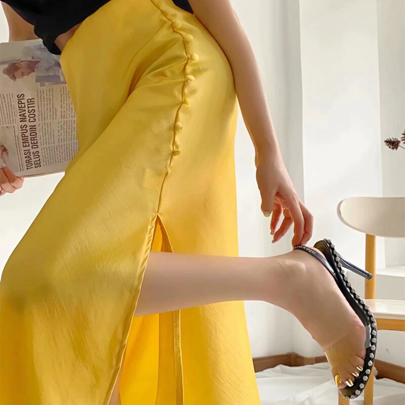 Jayne Satin Side Slit Midi Skirts